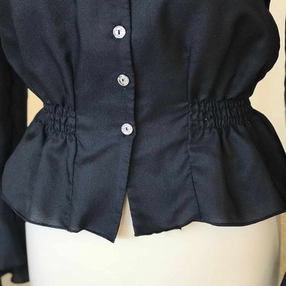 1970s Vintage Black Ruffle Button Down Blouse - Picture 7 of 8